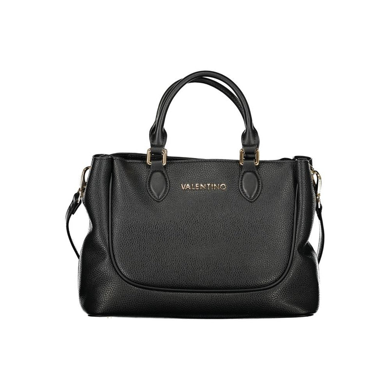 Black polyurethane structured women's tote bag with top handles and gold hardware