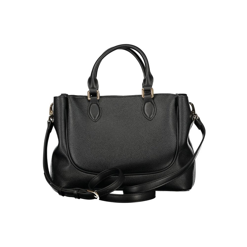 Black polyurethane structured handbag with dual top handles and a shoulder strap