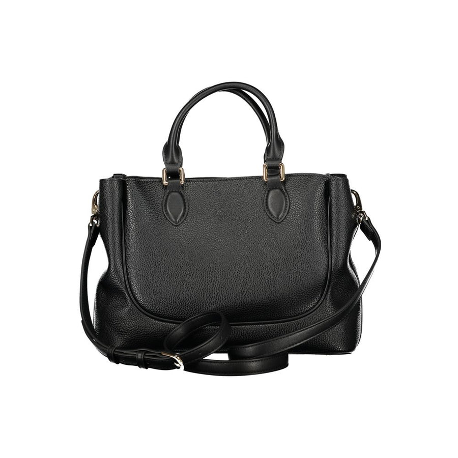 Black polyurethane structured women's tote bag with top handles and gold hardware