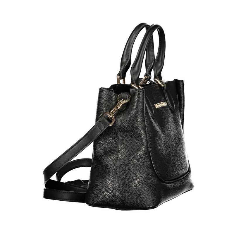 Black polyurethane Mario Valentino women's tote bag with dual top handles and a shoulder strap