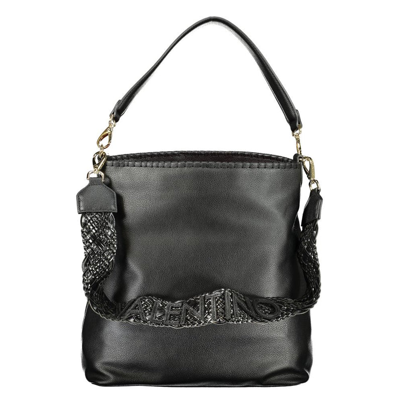 Black polyurethane shoulder bag with braided strap and logo detail