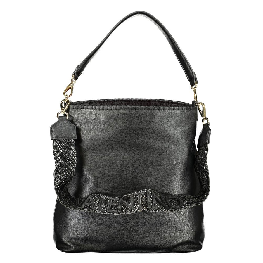 Black polyurethane women's hobo bag with a single shoulder strap and gold logo