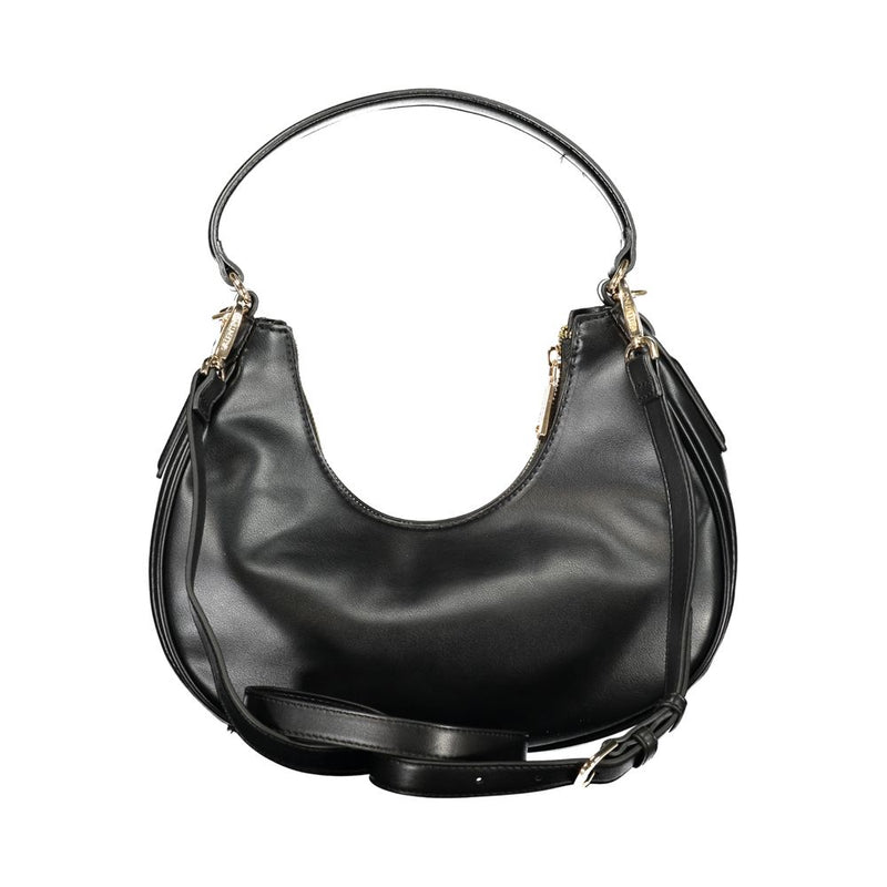 Black polyurethane hobo shoulder bag with zipper closure and strap