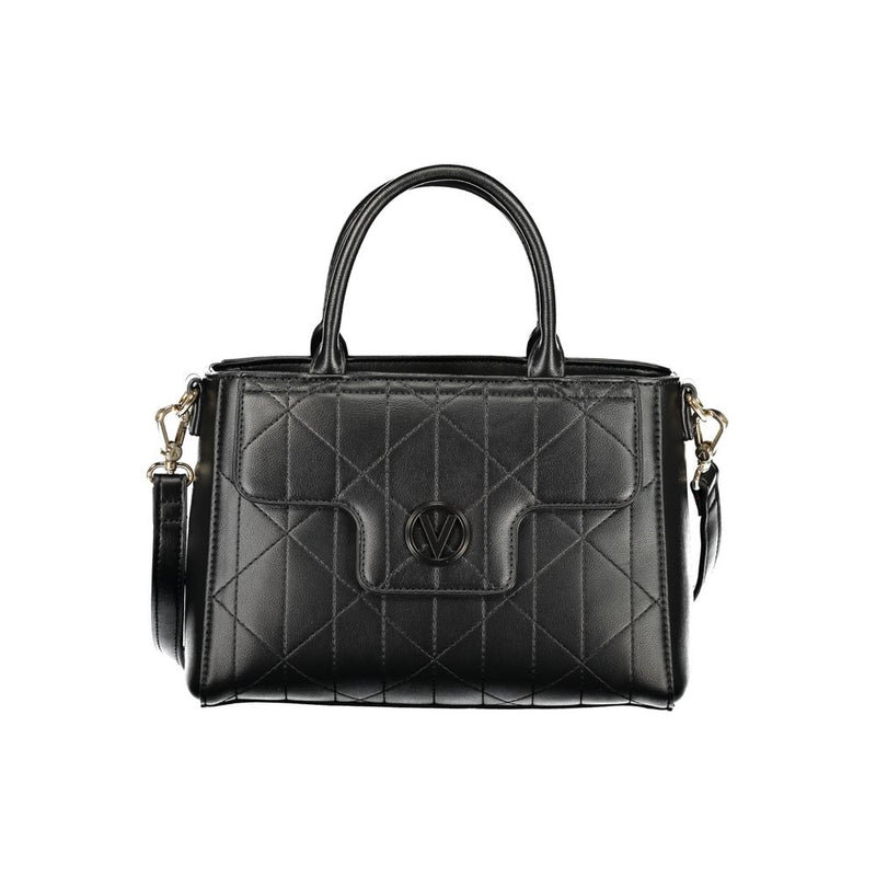Black quilted polyurethane women's handbag with top handles and shoulder strap