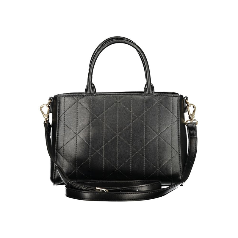 Black quilted polyurethane women's satchel bag with top handles and a shoulder strap