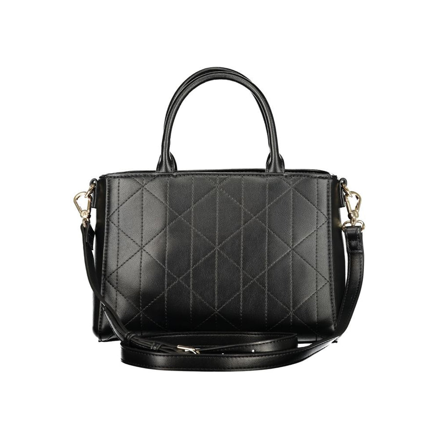Black quilted polyurethane women's handbag with top handles and shoulder strap