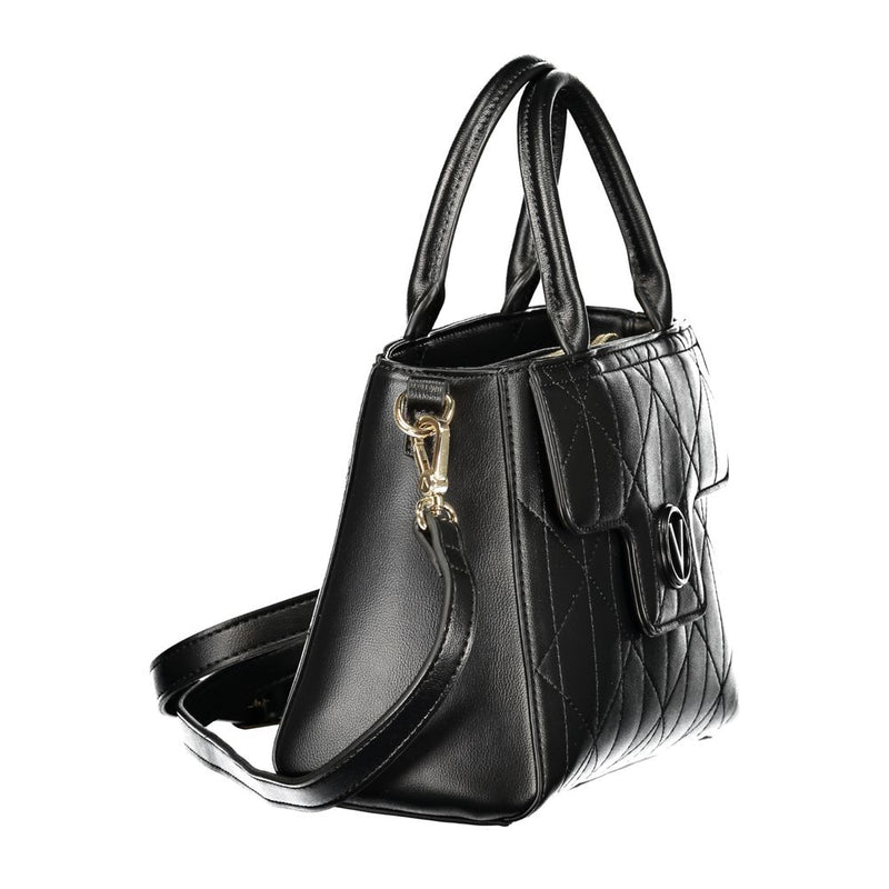 Black quilted polyurethane women's handbag with dual top handles and gold hardware