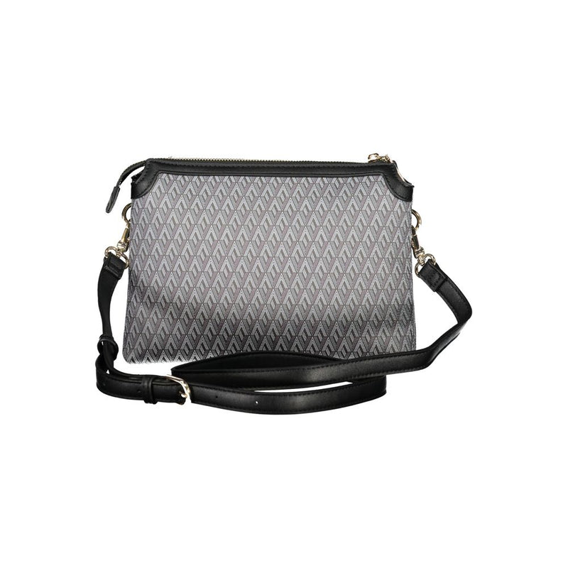 Black and grey polyurethane geometric print crossbody bag with black leather strap