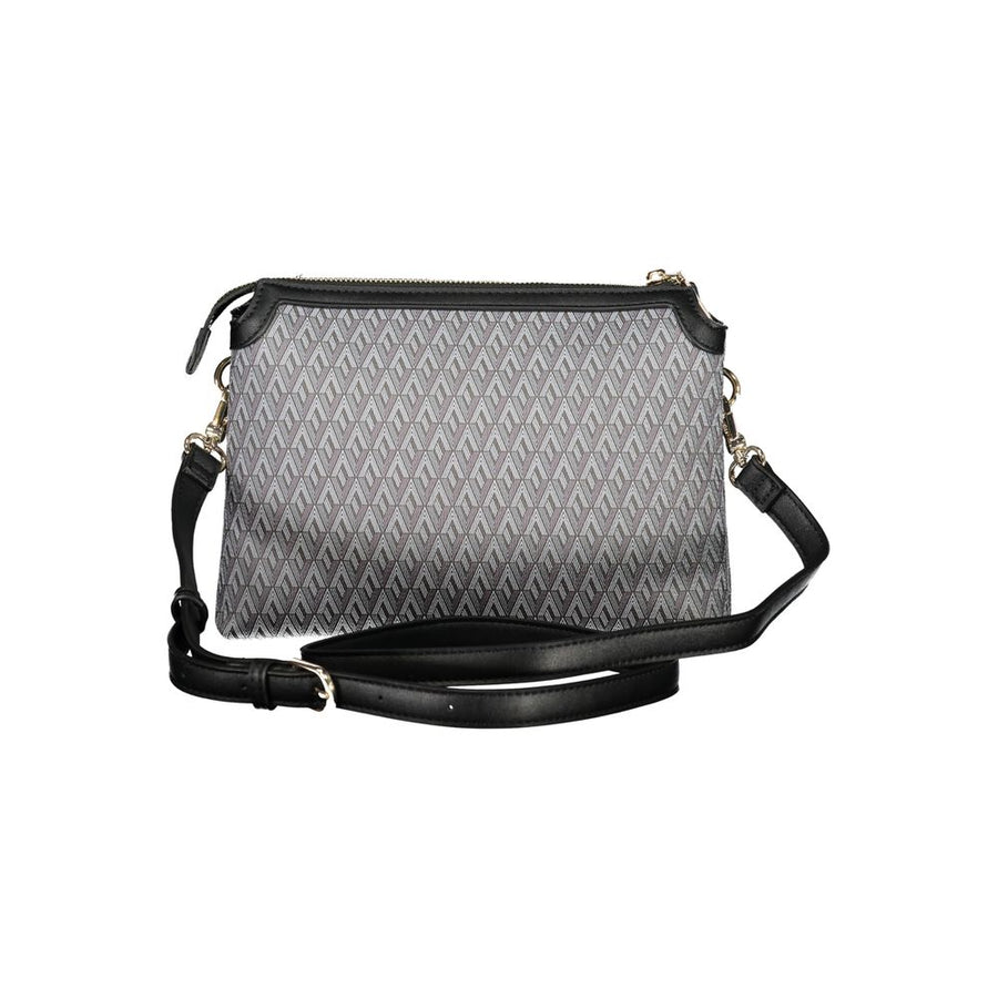 Black polyurethane crossbody bag with geometric pattern and gold V logo