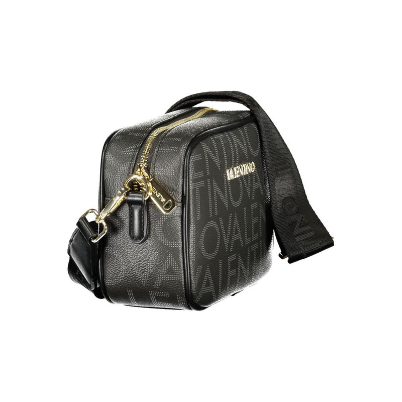 Black polyurethane crossbody bag with printed logo pattern, gold zipper, and wide fabric strap