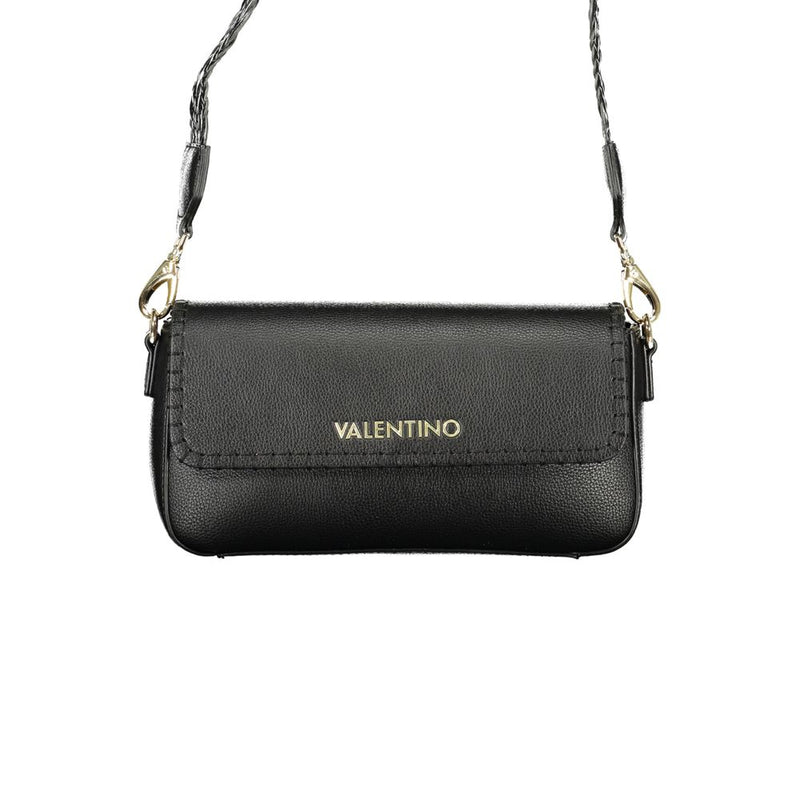 Black polyurethane women's crossbody bag with gold logo and strap