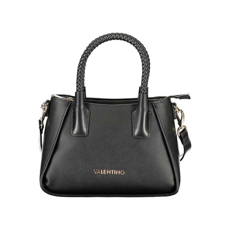 Black polyurethane women handbag with braided top handle and gold logo
