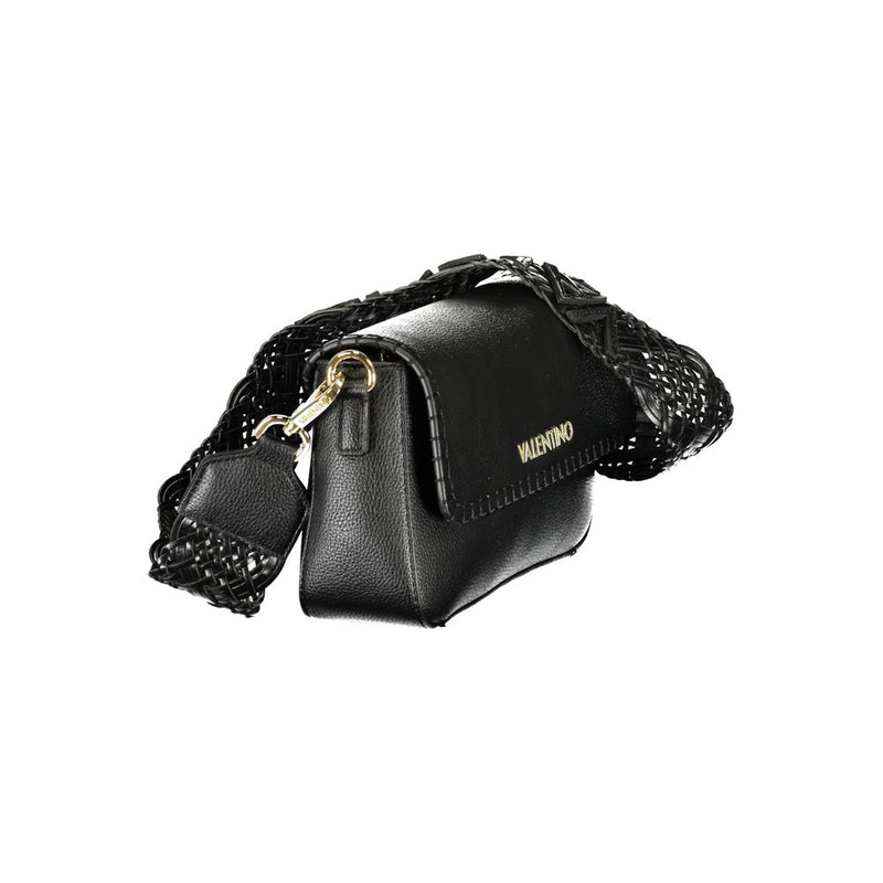 Black polyurethane women's shoulder bag with a wide braided strap and gold-tone logo