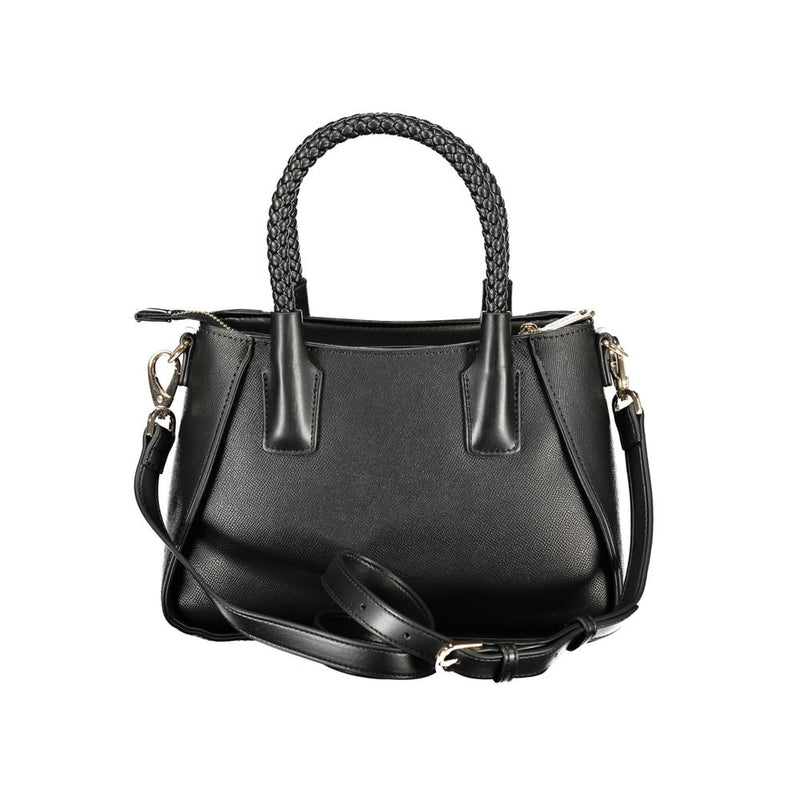 Black polyurethane women handbag with braided top handles and a shoulder strap