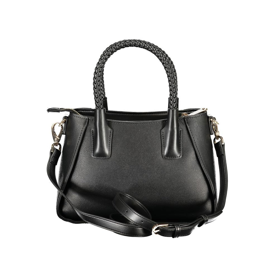 Black polyurethane women handbag with braided top handle and gold logo