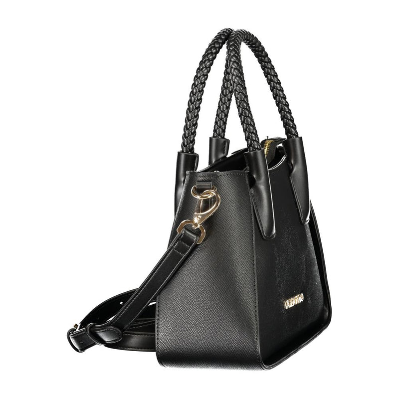 Black polyurethane women's handbag with braided top handles and a detachable shoulder strap