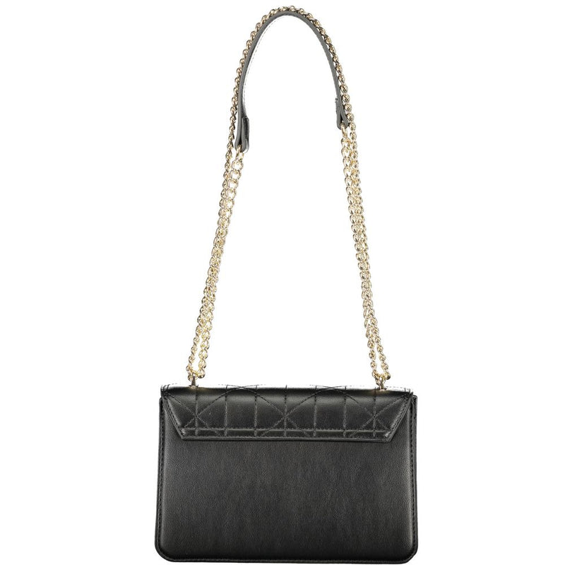 Black polyurethane quilted women's shoulder bag with gold chain straps