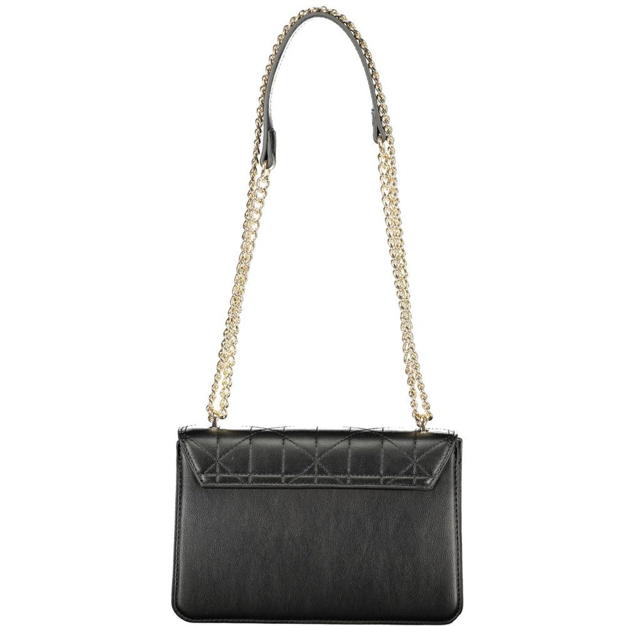 Black quilted polyurethane shoulder bag with gold chain strap