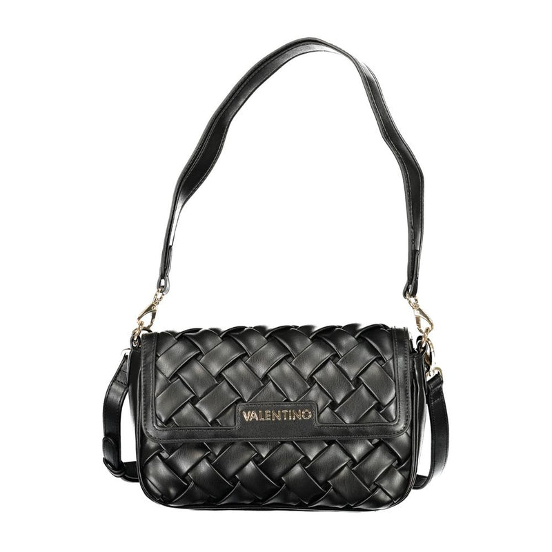 Black woven polyurethane women shoulder bag with flap and metal logo