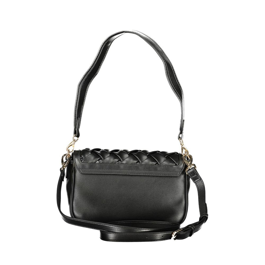 Black woven polyurethane women shoulder bag with flap and metal logo