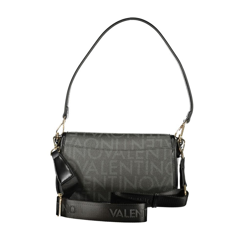 Black polyurethane shoulder bag with repeating Valentino logo print and a wide strap