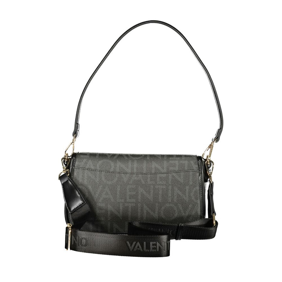 Black polyurethane shoulder bag with repeating Valentino logo print and gold hardware