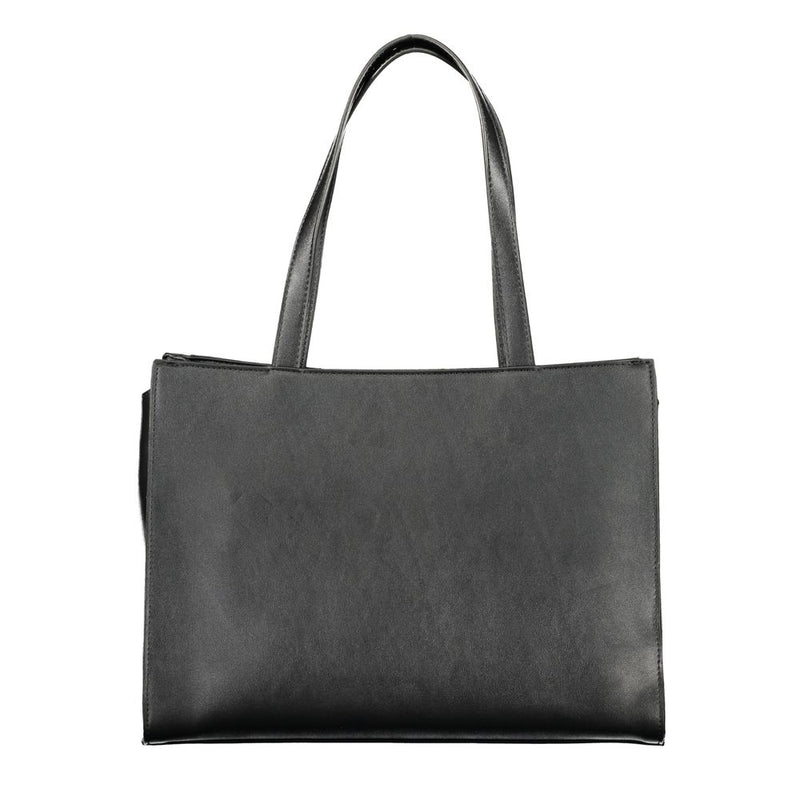 Black polyurethane structured tote bag with dual shoulder straps