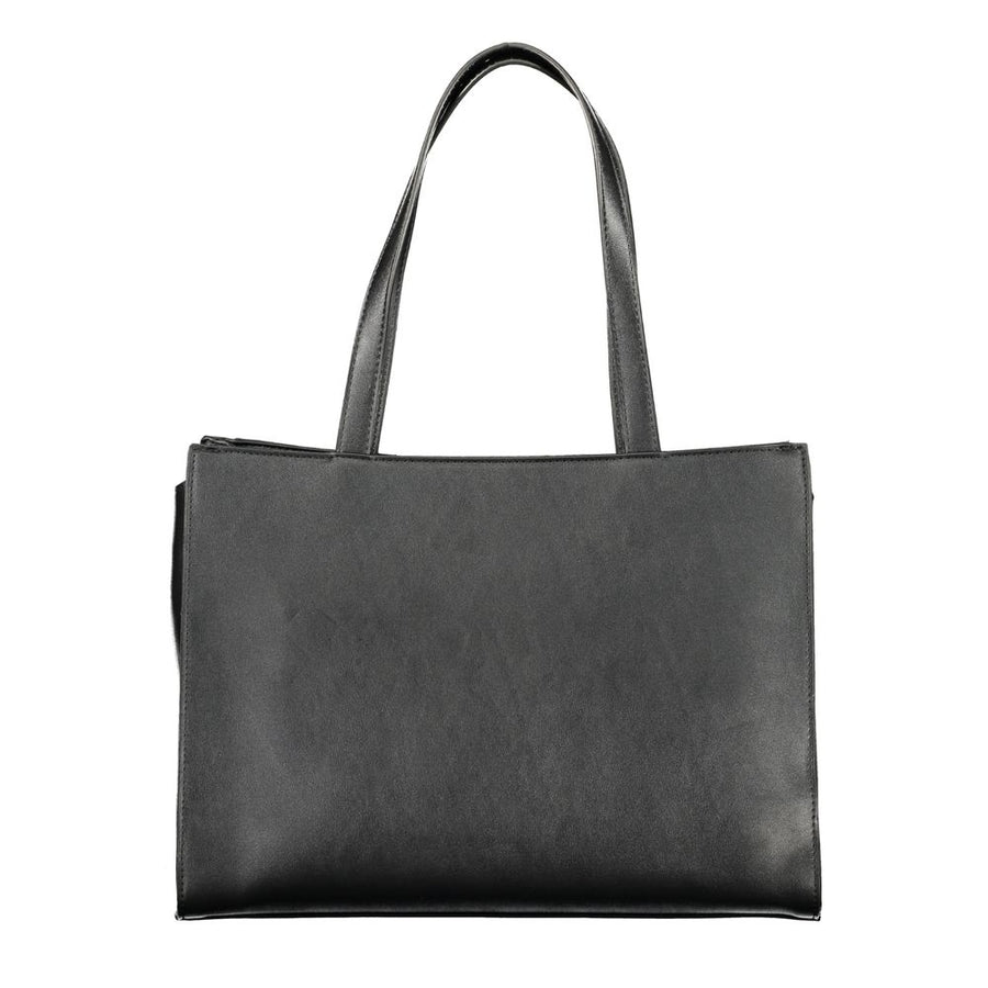 Black polyurethane tote bag with embossed Valentino logo pattern and gold hardware