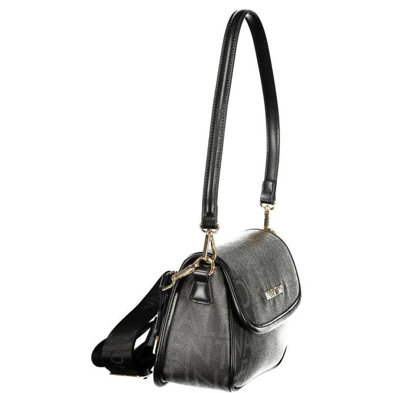 Black polyurethane shoulder bag with patterned body and gold hardware