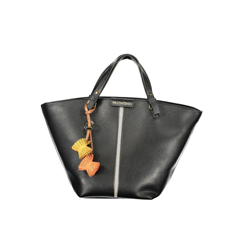 Black textured polyurethane tote bag with dual top handles and colorful dangling charms