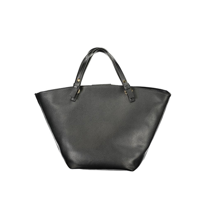 Black polyurethane women's tote bag with textured finish and dual top handles