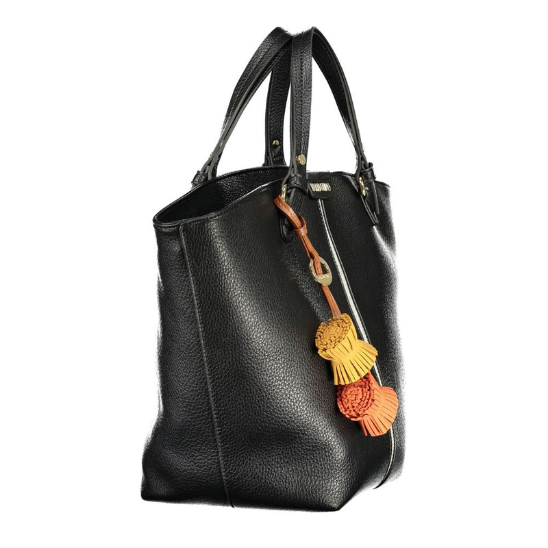 Black textured polyurethane women's tote bag with dual top handles and colorful dangling tassels