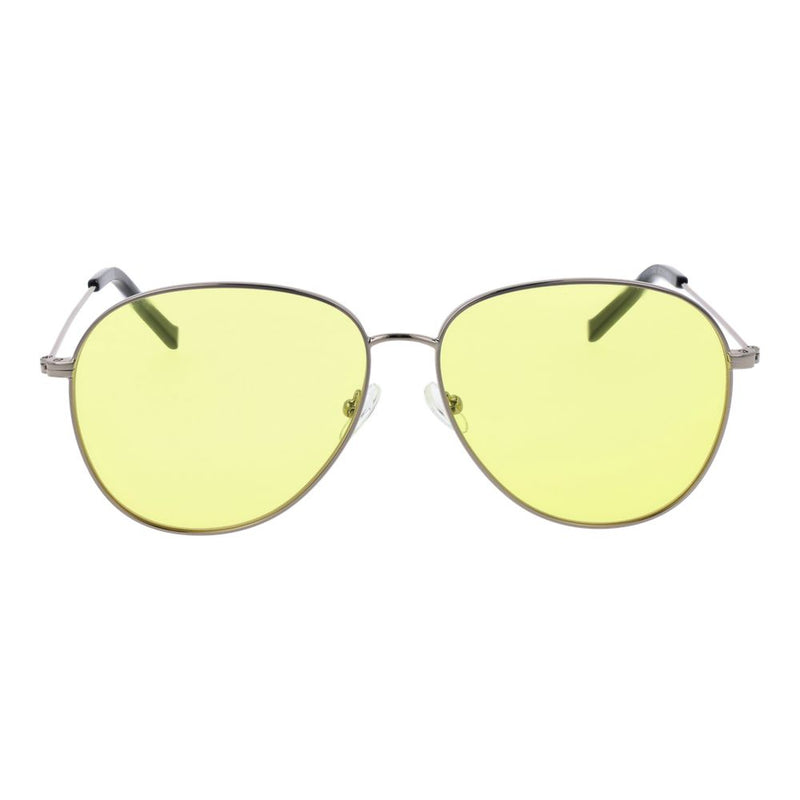 Silver metal sunglasses with thin frames and pale yellow tinted lenses