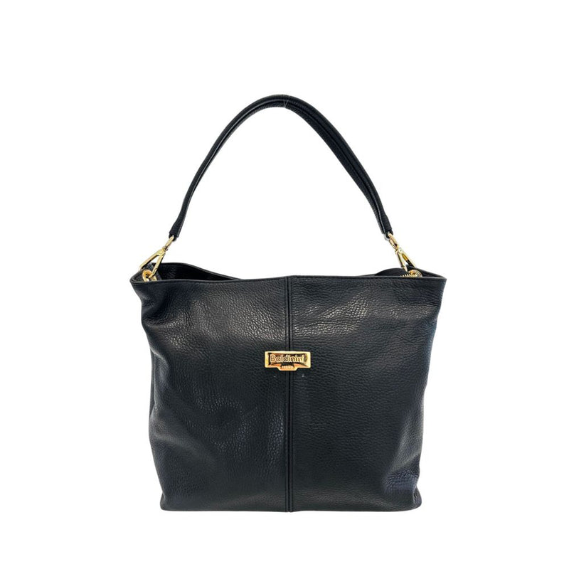 Black leather shoulder bag with gold hardware and a center logo plaque