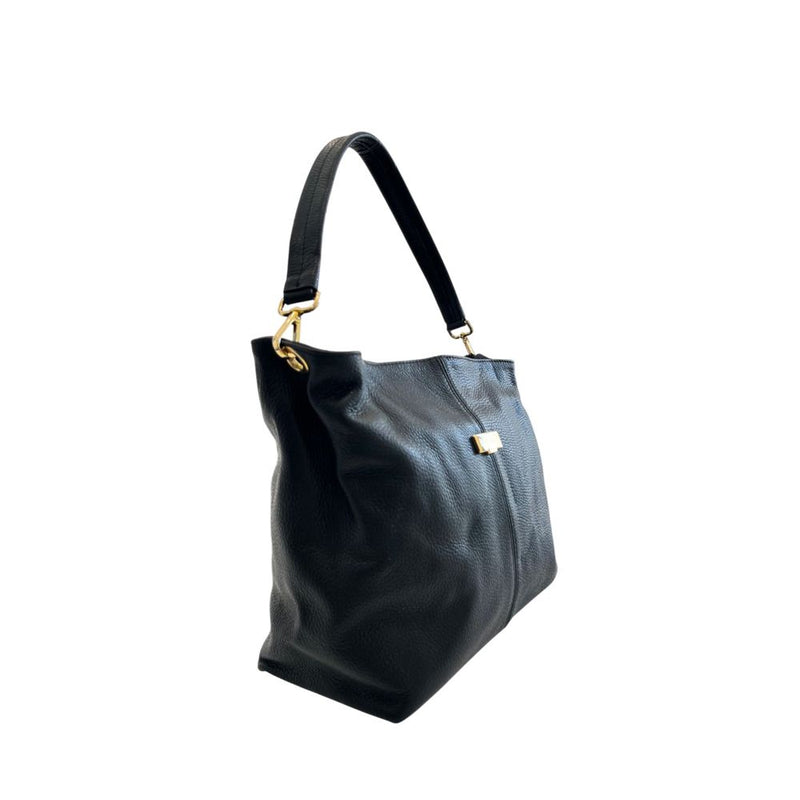 Black leather hobo bag with a shoulder strap and gold hardware