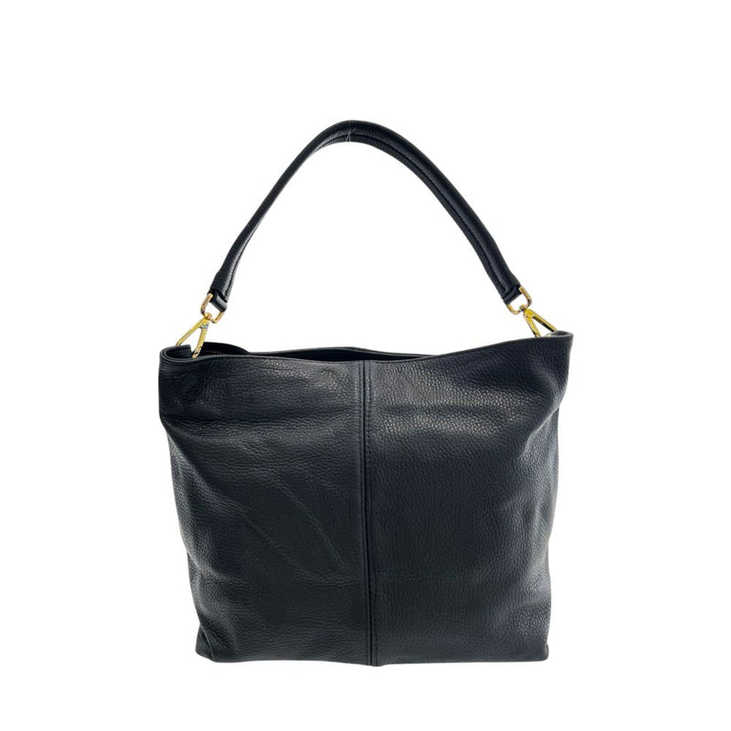 Black textured leather hobo bag with a single strap and gold hardware