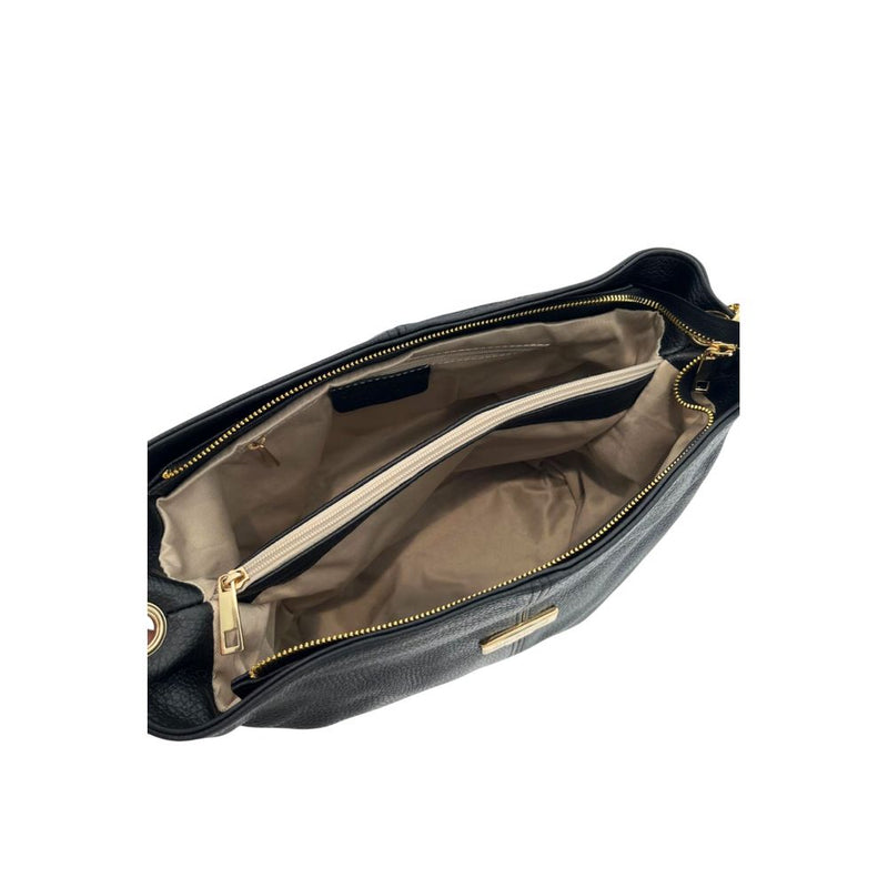 Open black leather women shoulder bag with a beige interior and zipped compartments