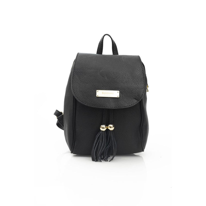 Black leather women backpack with flap, gold hardware and tassel accents