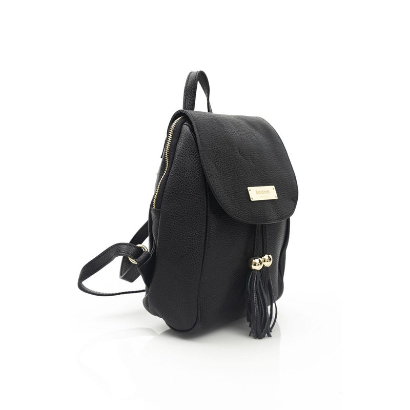 Black leather women's backpack with a top flap and gold-tone hardware details