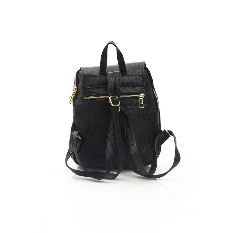 Black leather women's backpack with gold zippers and adjustable straps
