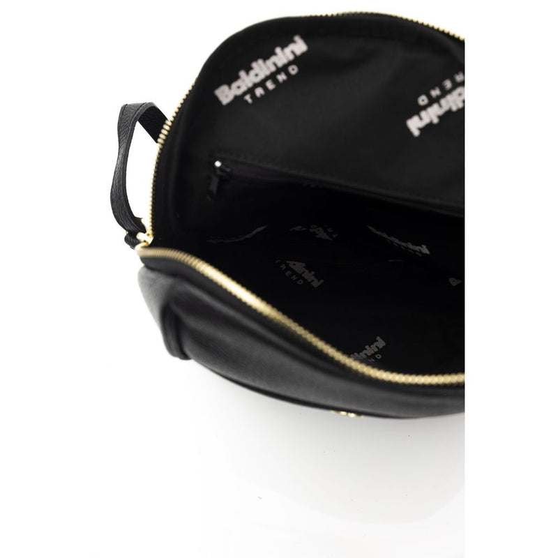 Open black leather women's bag with a zipper and branded interior lining