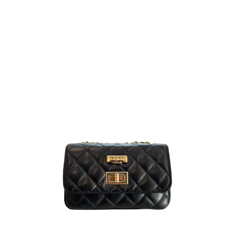 Black quilted leather women's shoulder bag with gold hardware and a twist lock closure