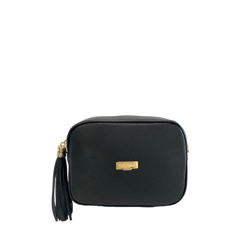 Black cowhide leather women crossbody bag with tassel and gold hardware