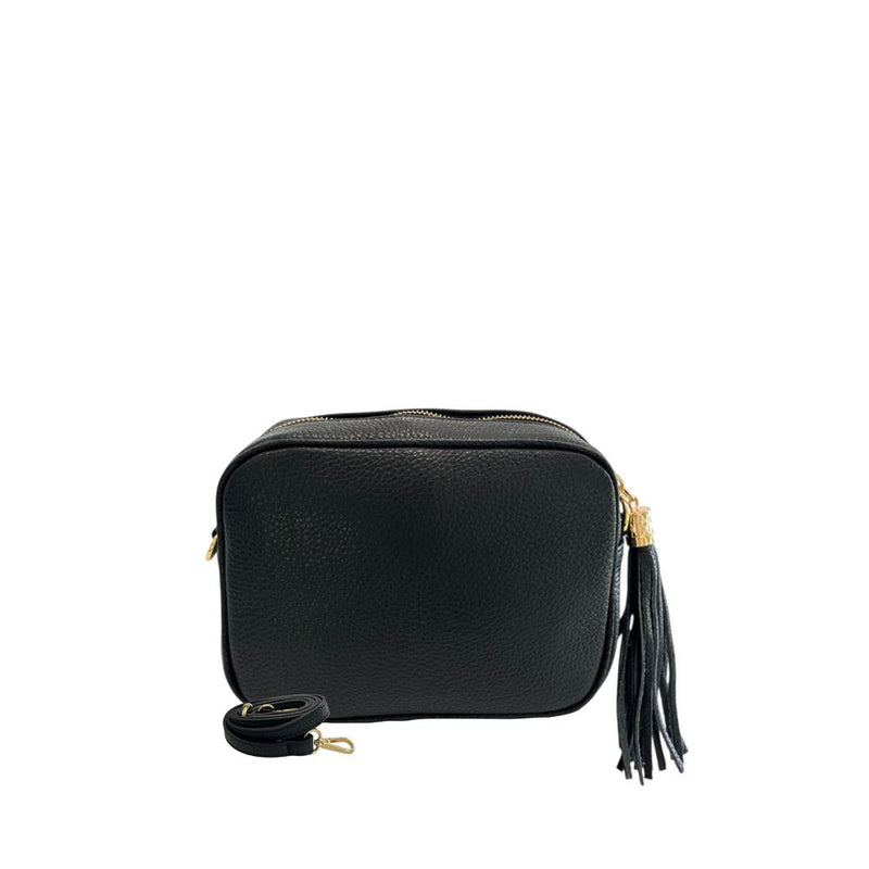 Black leather women's crossbody bag with tassel and gold hardware