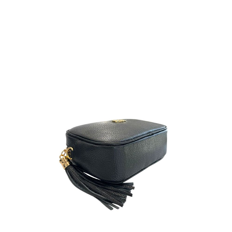 Black textured leather crossbody bag with gold hardware and leather tassel zipper pull