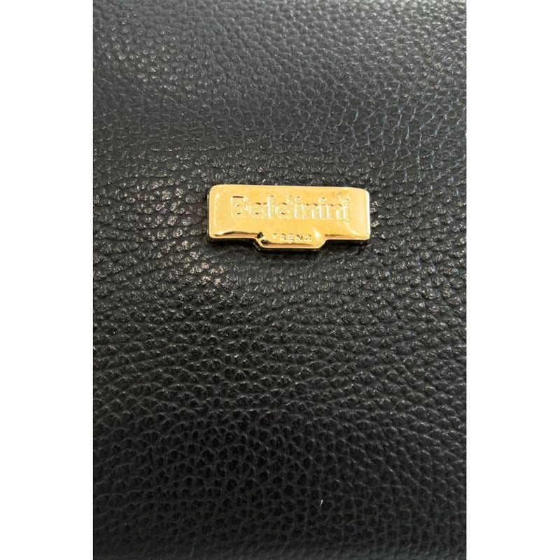 Black pebbled cowhide leather handbag with a gold metal Baldinini Trend logo plate