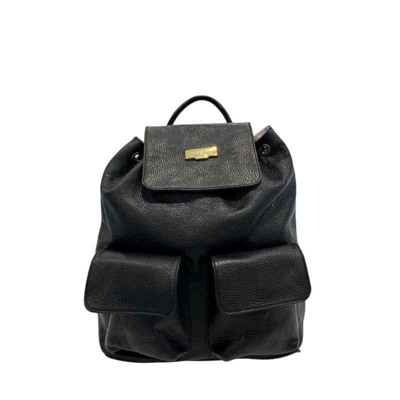 Black leather women backpack with a top flap, drawstring closure, and two front pockets