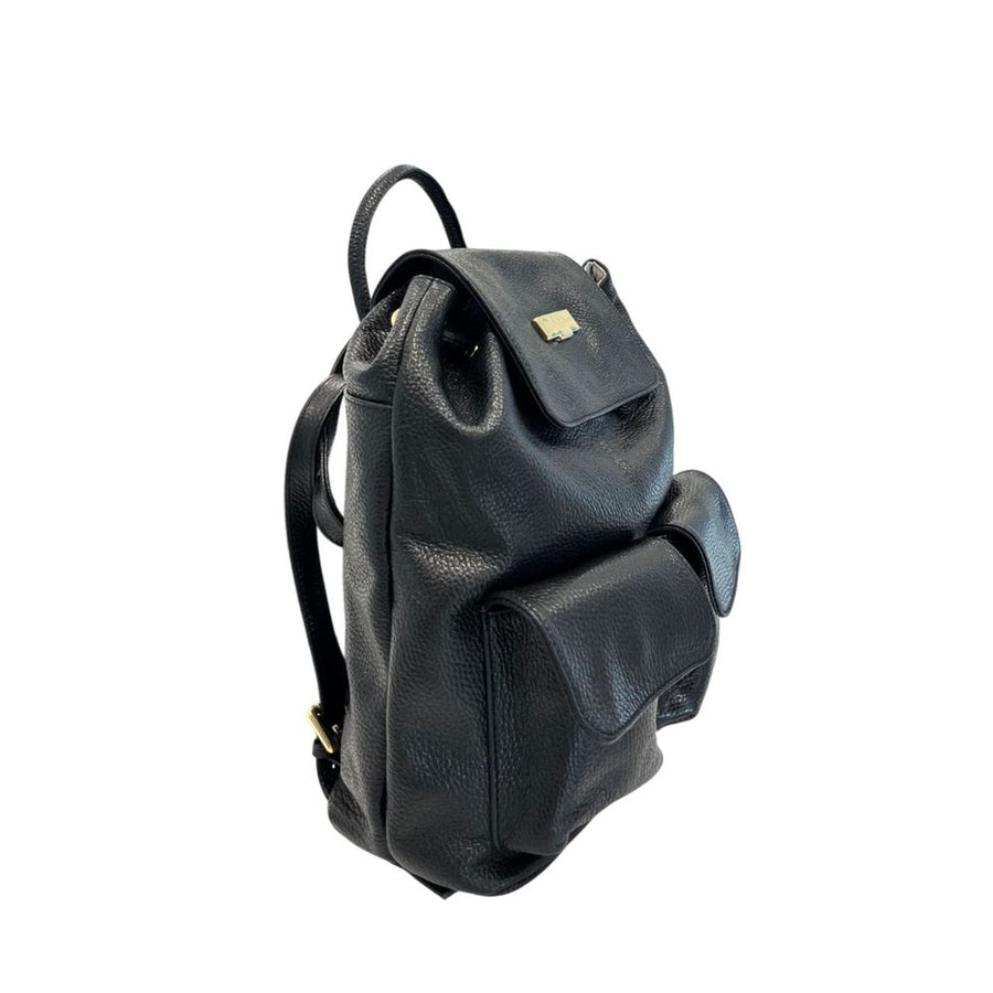 Black leather women backpack with a top flap, drawstring closure, and two front pockets