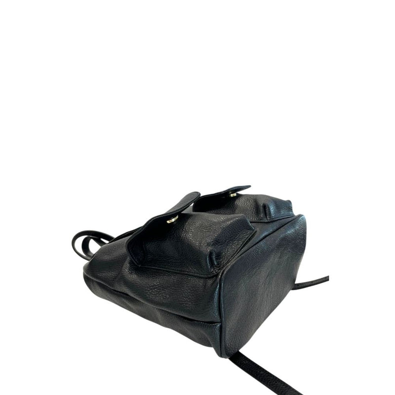 Black pebbled leather women's backpack with front flap pockets