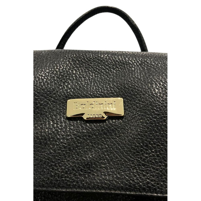 Black textured leather backpack with a gold-tone Baldinini Trend logo plate and top handle